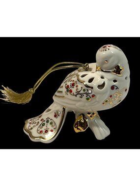 Lenox Porcelain Dove Ornament With Gold Accents & Red Green Embellishments Handc